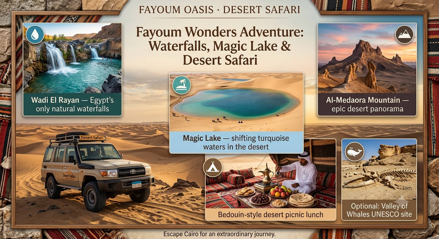 Fayoum Oasis Wadi El Rayan waterfalls Magic Lake desert safari Egypt