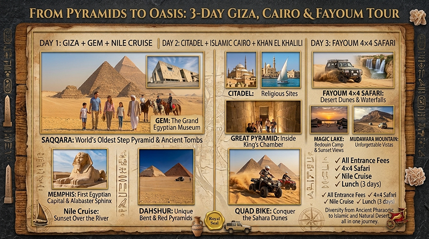 3 day Egypt tour Giza GEM Islamic Cairo Fayoum safari