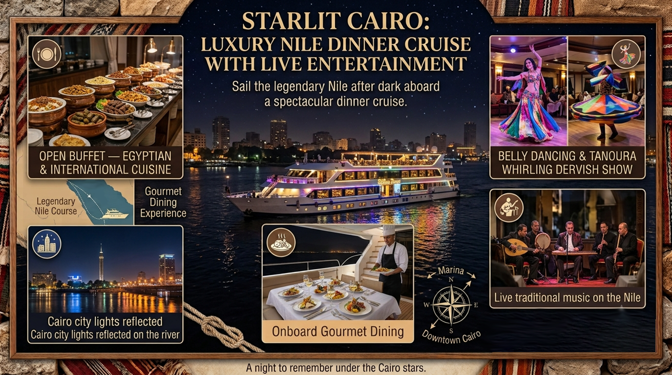 Nile dinner cruise Cairo belly dancing Tanoura show Egypt