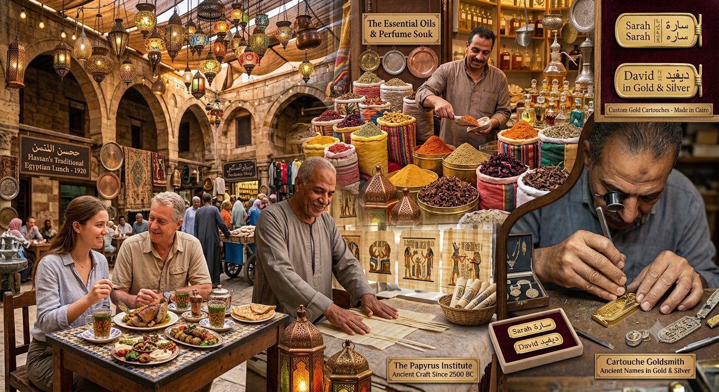 Pharaonic shopping tour Cairo papyrus perfume spices cartouche