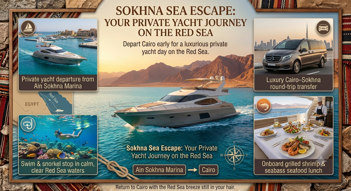 Private yacht Red Sea Sokhna seafood lunch snorkeling from Cairo