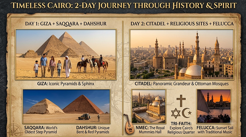 2 day Cairo Saqqara Dahshur Pyramids NMEC Felucca Nile tour
