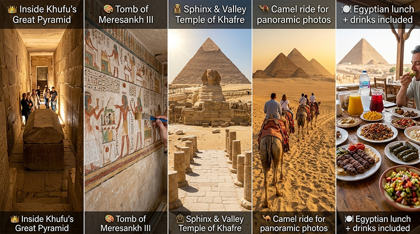 VIP Giza Pyramids tour Khufu interior Sphinx camel ride Egyptologist